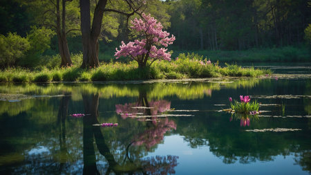 Spring landscape with blooming trees and flowers reflected in the lake.