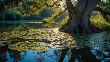 Old oak tree and lily pads on the lake in morning light