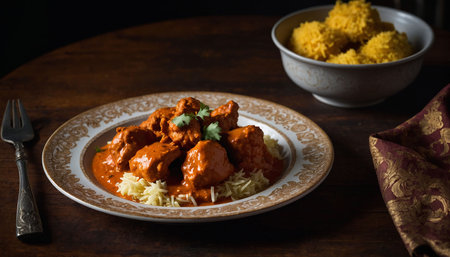 Chicken tikka masala with rice and curry on wooden backgroundの素材