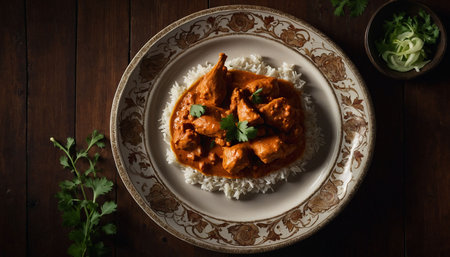 Chicken tikka masala served with rice and corianderの素材