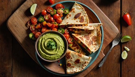 Mexican quesadilla with guacamole and salsaの素材