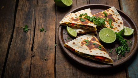 Indian quesadilla with lime and parsley on wooden backgroundの素材