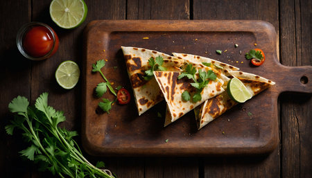 Traditional mexican quesadilla with ingredients on wooden backgroundの素材