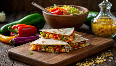 Mexican quesadilla with vegetables on rustic wooden backgroundの素材
