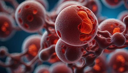 3d rendering of red blood cells in front of a blue backgroundの素材