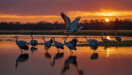 Group of sandhill cranes at sunset in the Danube Delta, Romaniaの素材