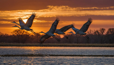 Sandhill Cranes in flight over a lake at sunset, Hollandの素材
