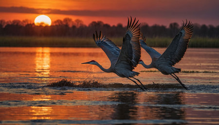 Sandhill Cranes (Grus canadensis) in flight at sunsetの素材