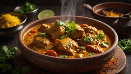 Chicken tikka masala in a clay bowl on wooden backgroundの素材