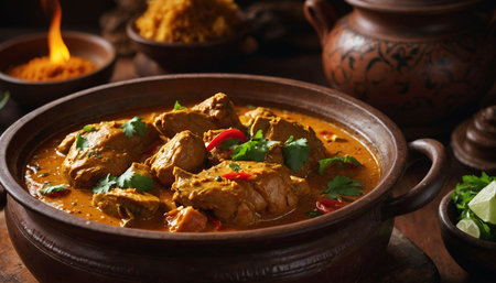 Indian chicken curry in clay pot on wooden table. Selective focusの素材