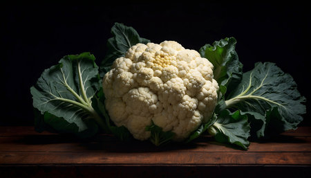 Cauliflower on a wooden table. Dark background. Vegetarian food.の素材
