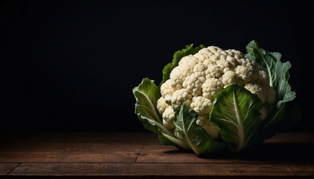 Cauliflower on a wooden table against a black background with copy spaceの素材