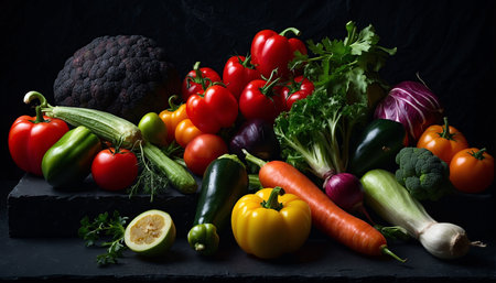 Composition with variety of raw organic vegetables on black background. Balanced diet.の素材