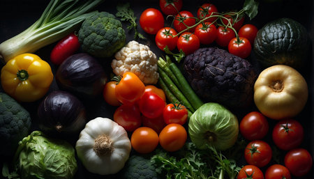 Variety of fresh organic vegetables. Healthy food background. Top view.の素材