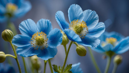 Blue Poppy Flowers on a blue background. Shallow depth of fieldの素材