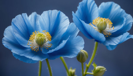 Blue poppy flowers on a blue background. Close-up. Selective focus.の素材