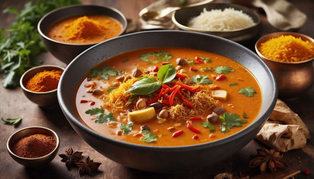Traditional Indian curry with chicken and vegetables in a bowl on wooden backgroundの素材
