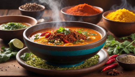 Traditional indian spicy curry in bowl on wooden table with ingredients.の素材