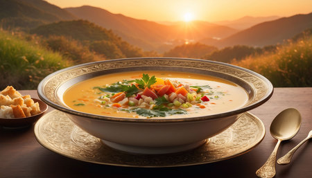 Bowl of vegetable soup on wooden table with mountains at background.の素材