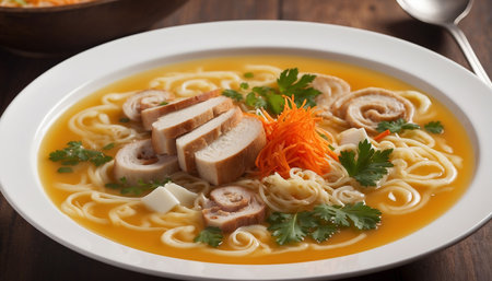 Chicken noodle soup with carrot and parsley on a wooden tableの素材