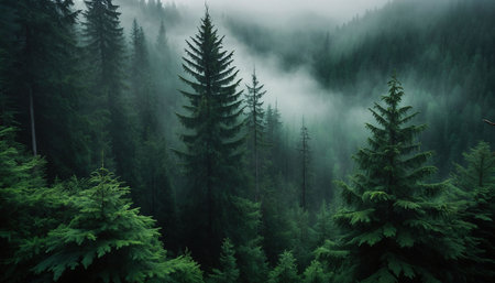 Foggy morning in the coniferous forest, Carpathians, Ukraineの素材