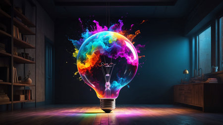 Colorful paint splashing from light bulb in dark room. 3D renderingの素材