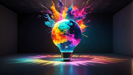 Colorful paint splashes inside light bulb in dark room. 3D renderingの素材