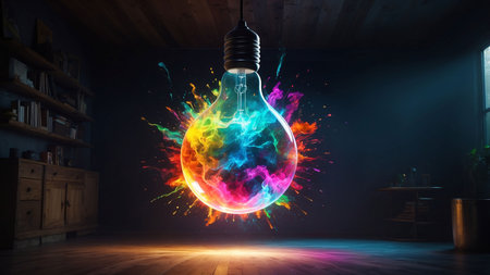 Colorful glowing light bulb in dark room. 3D rendering.の素材