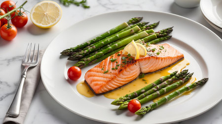 Delicious salmon fillet with asparagus on white plate, closeupの素材