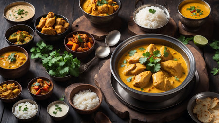 Chicken tikka masala or chicken tikka masala in bowl, served with chapati and riceの素材