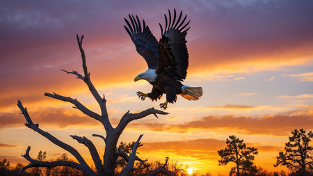 Bald Eagle (Haliaeetus leucocephalus) flying over a dead tree at sunset.の素材