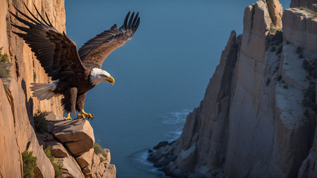 Bald Eagle (Haliaeetus leucocephalus) in flight on a cliff above the ocean.の素材