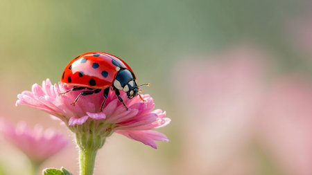 ladybug on pink flower macro close up with bokehの素材
