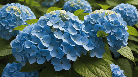 Hydrangea macrophylla. Blue flowers in the garden.の素材