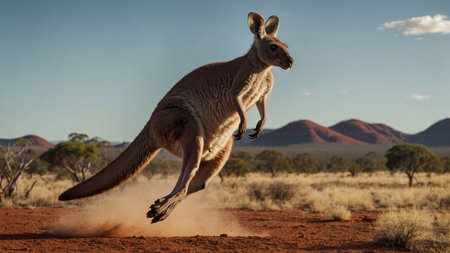 Kangaroo jumping in the desert on a sunny day, Australiaの素材