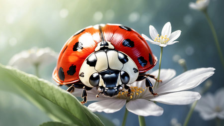 Ladybug on a white flower. Beautiful nature scene with ladybug.の素材