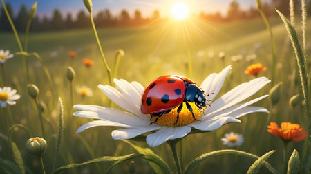 Ladybug on daisy flower in the meadow at sunset.の素材