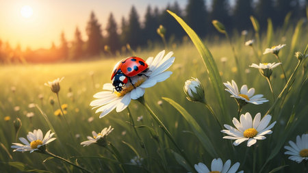 Ladybug on camomile flower in a meadow at sunsetの素材
