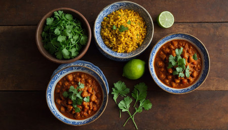Indian food, spicy curry made of chickpeas and lentils served in bowlsの素材