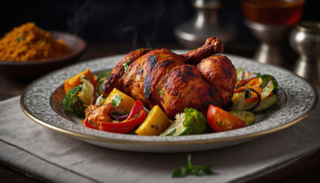 Baked chicken with vegetables on a plate on a wooden table.の素材