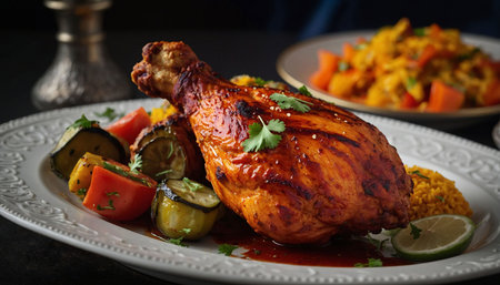 roast chicken with rice and vegetables on a dark background, close-upの素材