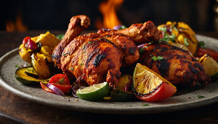Grilled chicken with vegetables on a plate over dark wooden background.の素材