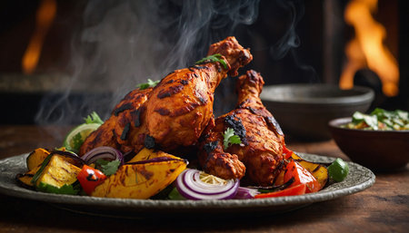 Grilled chicken legs with vegetables and spices on a rustic backgroundの素材