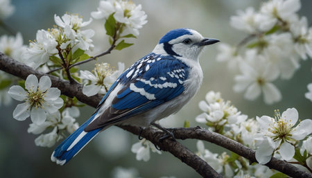 Blue jay sitting on a branch of a blossoming cherry treeの素材