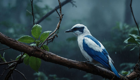 A blue jay bird perched on a branch in the rain.の素材