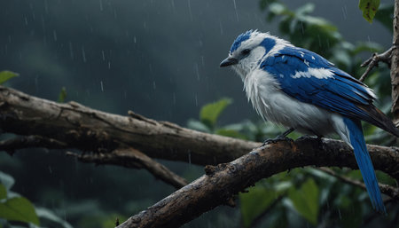 Blue jay bird on a branch in the rain, Thailand.の素材
