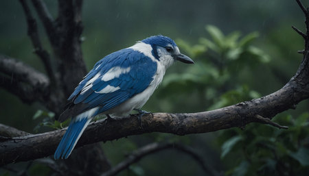 Close up of a Blue Jay on a branch in the rain.の素材