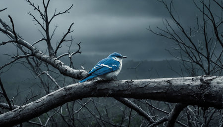 Blue jay sitting on a branch in the forest with dark backgroundの素材