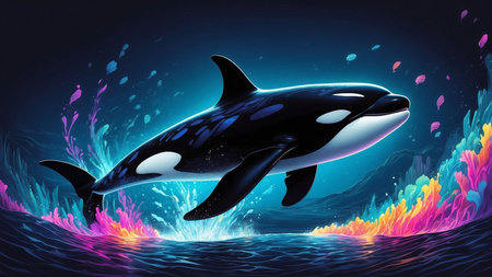 Illustration of a killer whale in the ocean with colorful water backgroundの素材