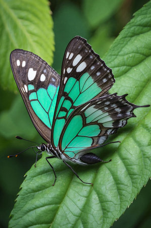 Butterfly on a green leaf, close-up, macroの素材